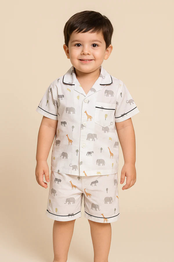 Kids Night Suit With Shorts Elephant White
